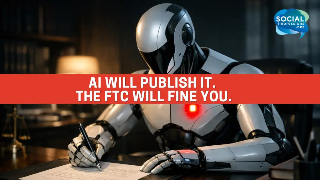 Robot signing documents at a desk with a red warning light, representing AI compliance risks for supplement brands