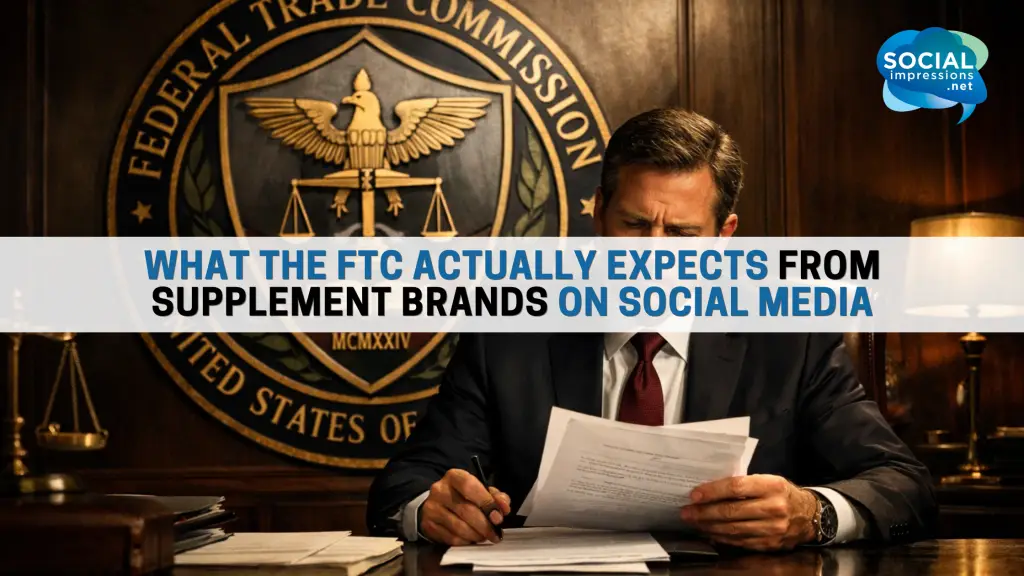 Government legal documents next to a supplement bottle representing FTC compliance requirements for supplement brands on social media