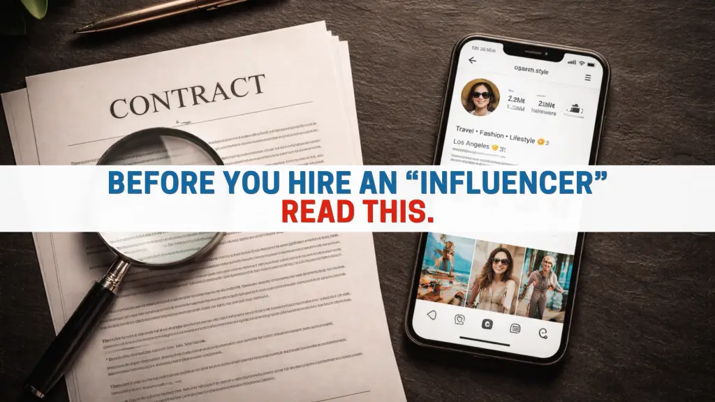 Magnifying glass on a contract next to a smartphone showing a social media influencer profile representing due diligence before hiring an influencer