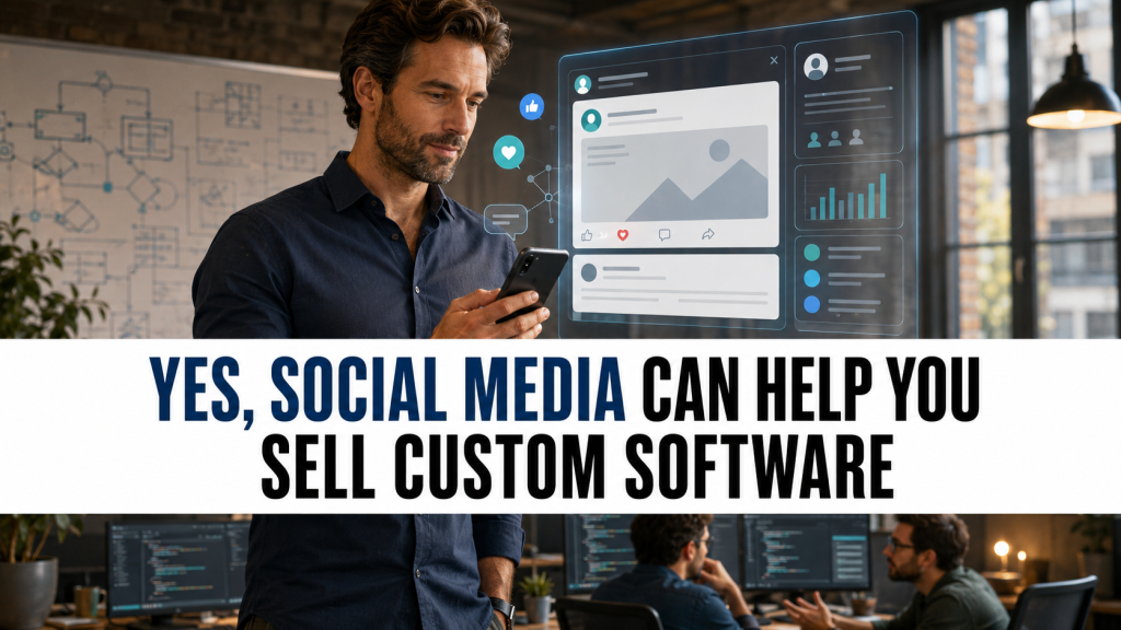 Software company founder reviewing LinkedIn content on a smartphone, illustrating how B2B social media marketing helps sell custom software